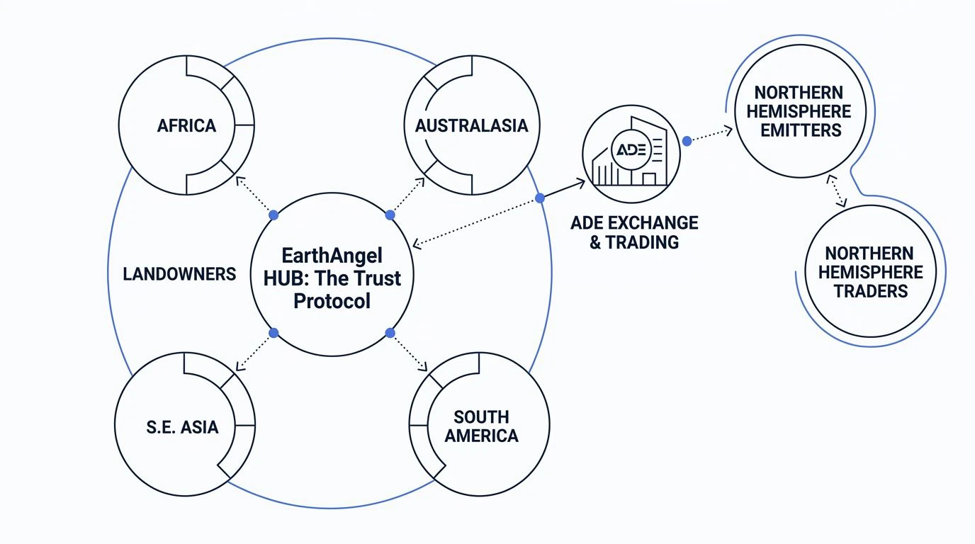 EarthAngel global reach diagram connecting landowners, ADE exchange, emitters and traders